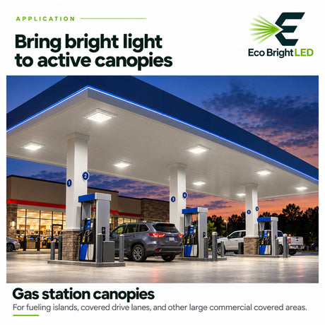 180W 5700K LED canopy light illuminating a gas station fueling area and covered drive lanes at dusk
