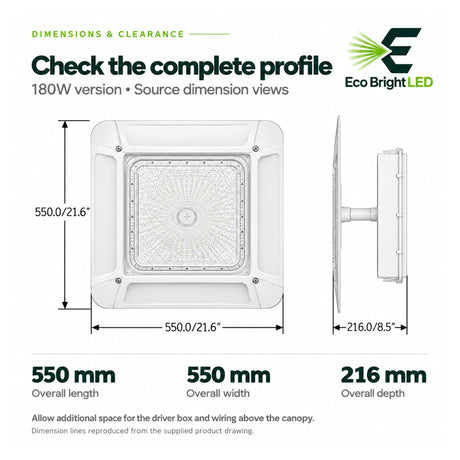 180W LED canopy light dimension diagram with front and side views, 550 mm length and width, 216 mm depth