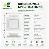 Dimensions and specifications for 180W LED Canopy Light 5700K for Gas, including measurements and performance data.