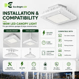 Installation and mounting details for 180W LED Canopy Light 5700K for Gas, including compatibility and wiring guidance.