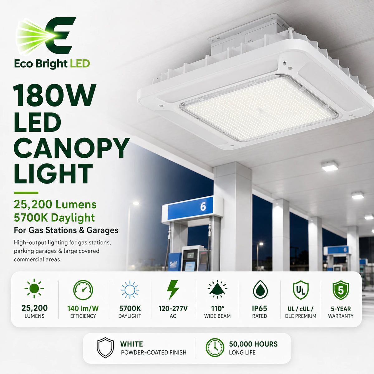 180W LED Canopy Light 5700K for Gas product overview with key specifications for commercial lighting applications.
