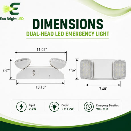 Dimensions and specifications for 2.4W Dual-Head LED Emergency Light for, including measurements and performance data.
