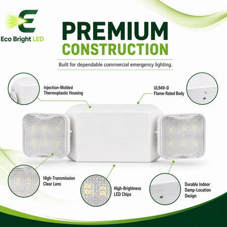 Housing, lens and construction details of 2.4W Dual-Head LED Emergency Light for Commercial for durable commercial use.