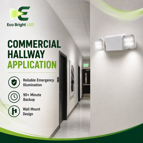 Key performance and design features of 2.4W Dual-Head LED Emergency Light for for commercial lighting projects.