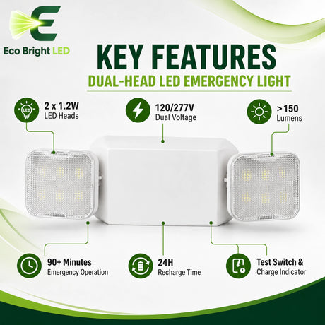 Installation and mounting details for 2.4W Dual-Head LED Emergency Light, including compatibility and wiring guidance.