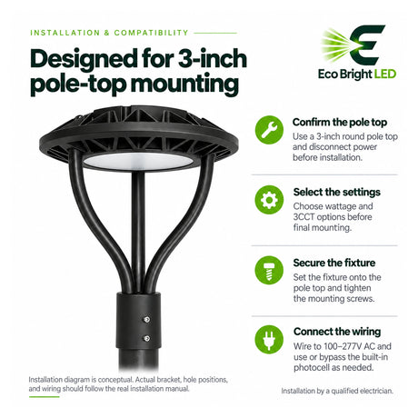 Black LED post top light with 3-inch pole-top mounting, selectable 20/30/40/60W, 3CCT, and photocell options