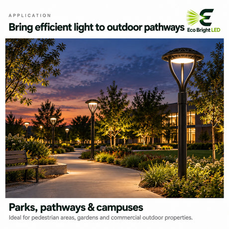 Selectable 20/30/40/60W 3CCT LED post top lights illuminate a landscaped park pathway and campus at dusk