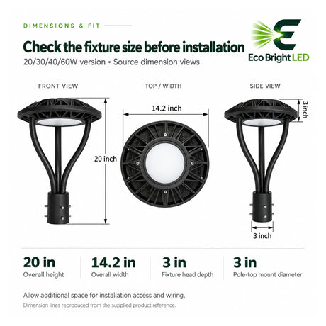 Black LED post top light dimensions showing 20-inch height, 14.2-inch width, 3-inch head depth, and 3-inch pole mount