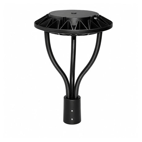 Black LED post top light with circular ribbed housing and curved support arms for parks, pathways, and outdoor areas