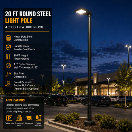 20 ft round steel light pole with black powder coat finish for parking lot and area lighting
