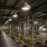 Row of 200W C1D1 round LED high bay lights delivering 28,000 lumens of 4000K illumination in a processing plant walkway.