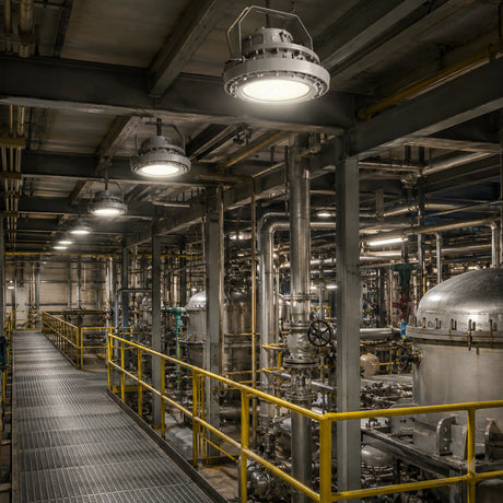Row of 200W C1D1 round LED high bay lights delivering 28,000 lumens of 4000K illumination in a processing plant walkway.