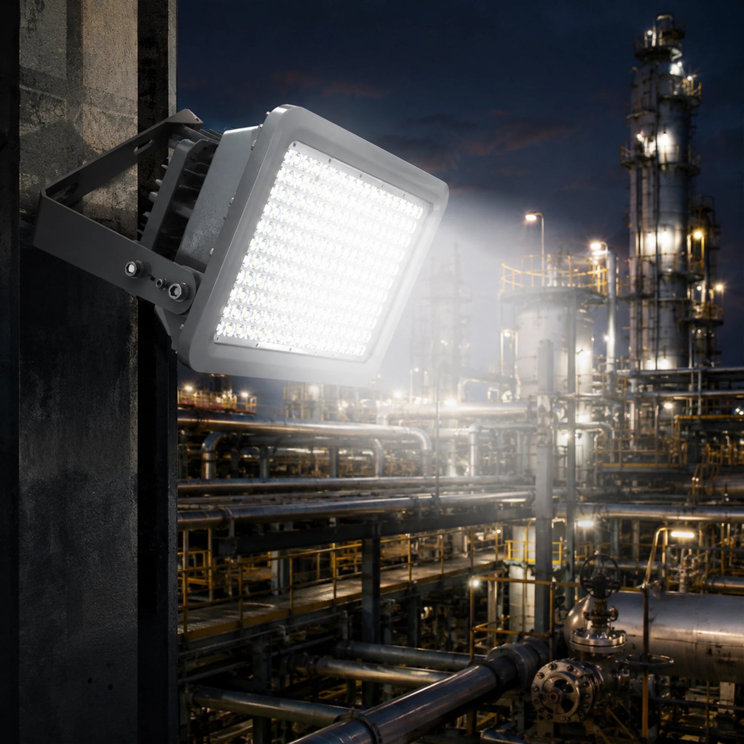 200W explosion proof LED flood light delivering 26,000 lumens of 5000K illumination across a refinery at night.