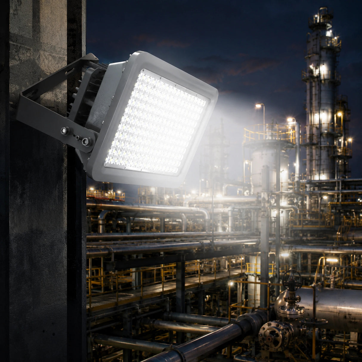 200W explosion proof LED flood light delivering 26,000 lumens of 5000K illumination across a refinery at night.