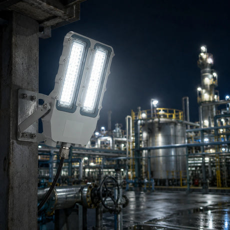200W explosion proof flood light mounted on refinery piping for safe nighttime hazardous area illumination.
