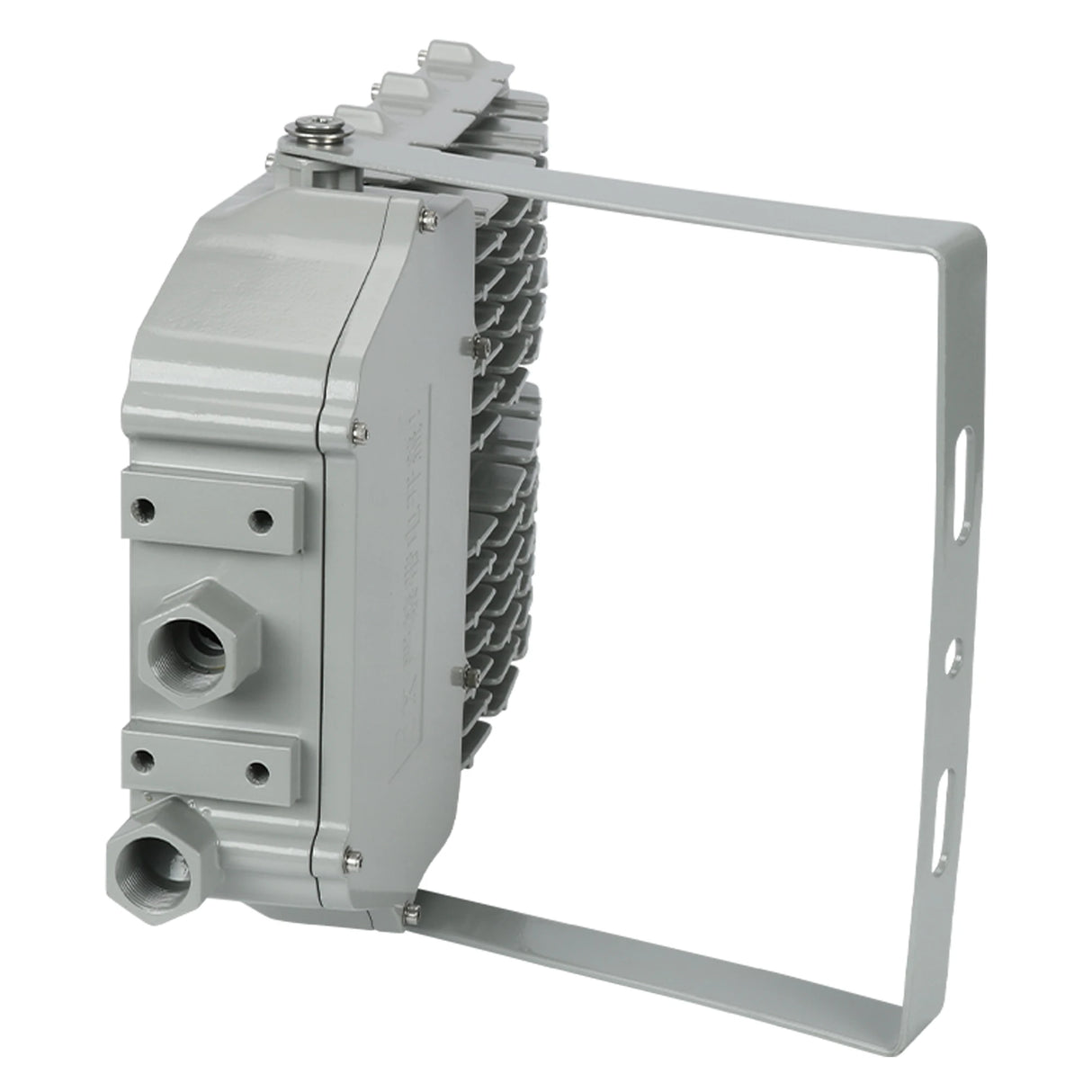 Side profile of 200W C1D2 explosion proof LED flood light showing the heavy-duty U-bracket for flexible installation.