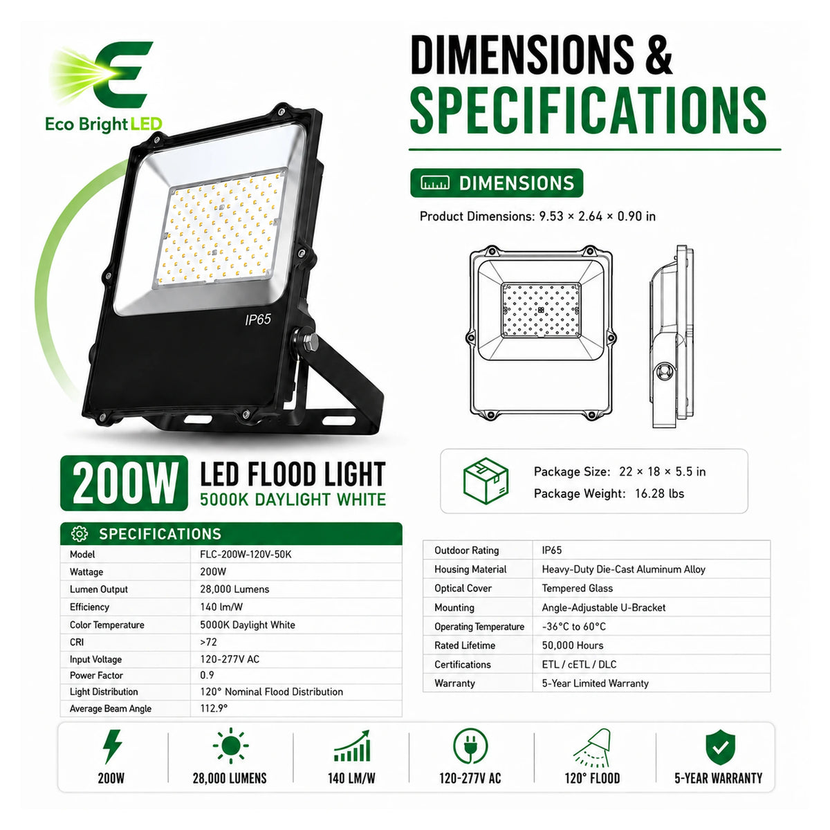 Dimensions and specifications for 200W LED Flood Light 5000K IP65 for, including measurements and performance data.