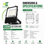 Dimensions and specifications for 200W LED Flood Light 5000K IP65 for, including measurements and performance data.