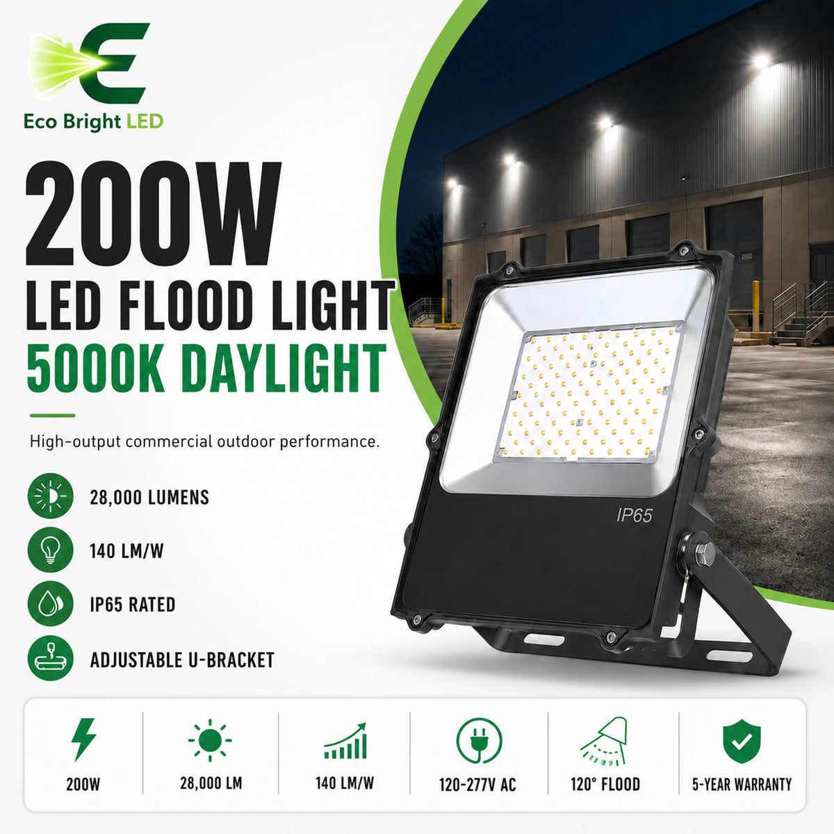 200W LED Flood Light 5000K IP65 for product overview with key specifications for commercial lighting applications.