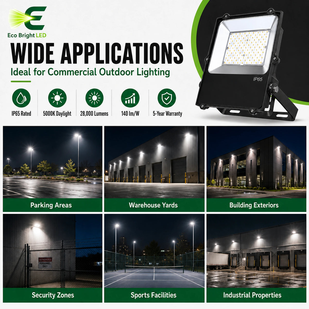 200W LED Flood Light 5000K IP65 for shown in recommended commercial applications for efficient, reliable illumination.