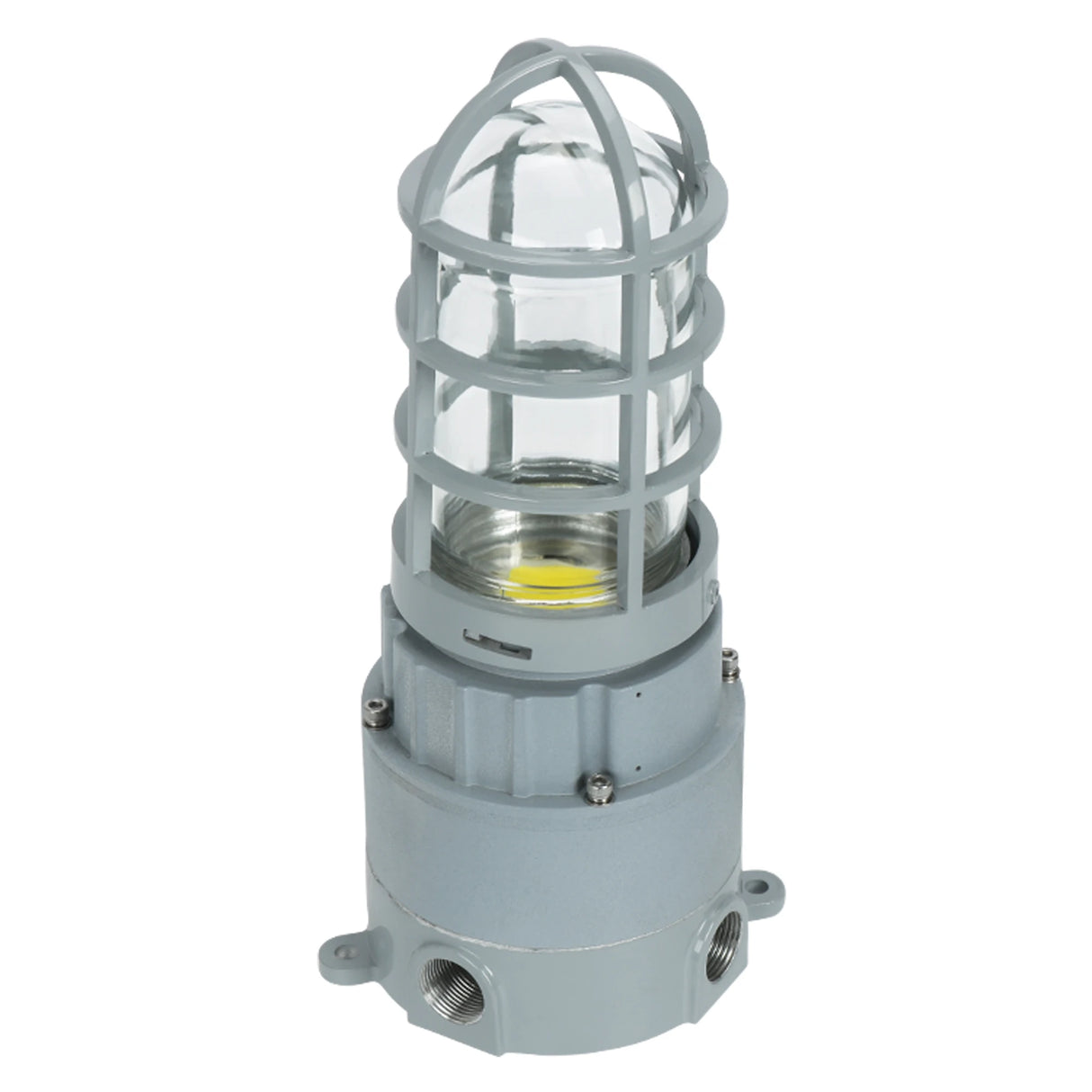 Front view of 20W C1D2 explosion proof LED light featuring a protective metal cage and durable glass globe housing.