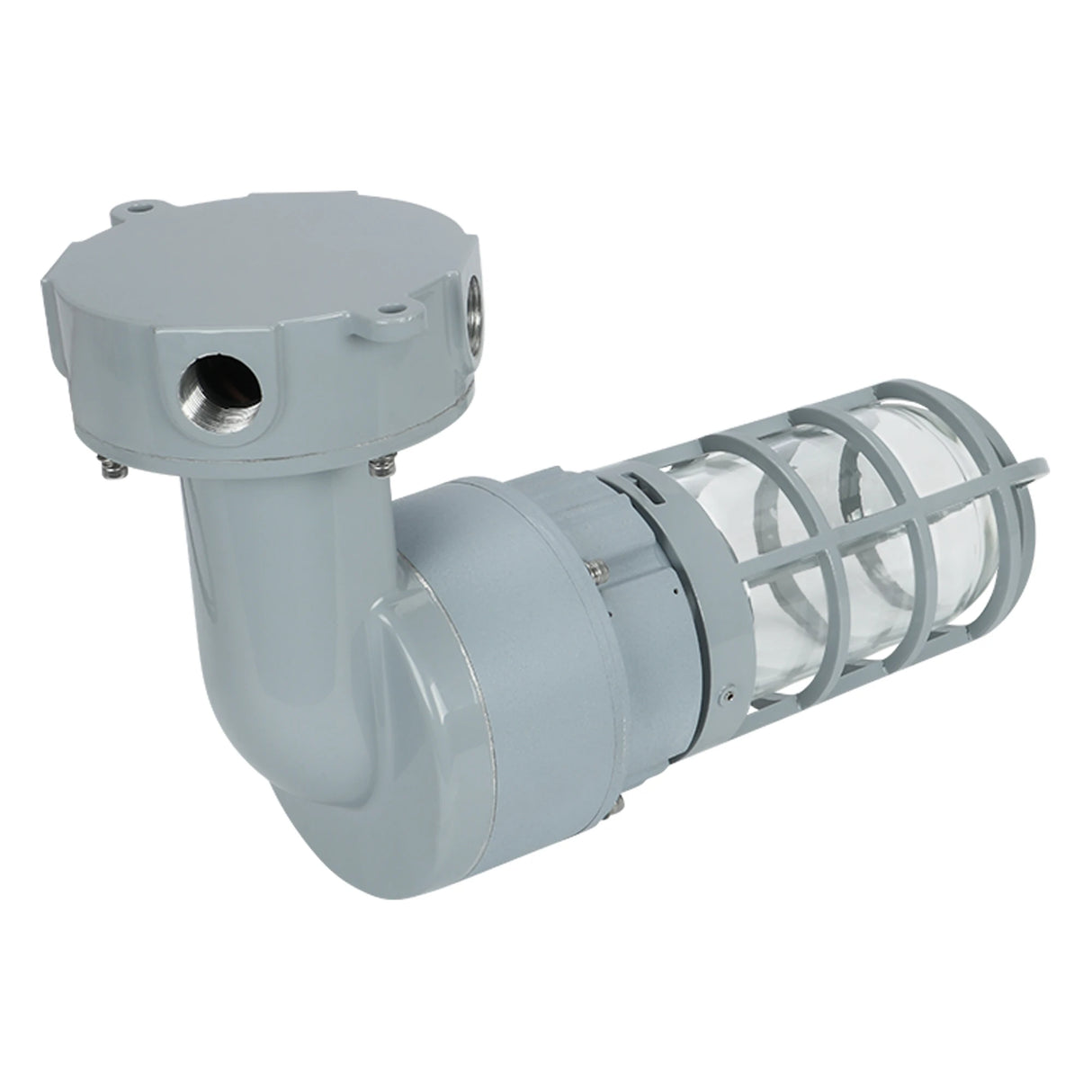 Front view of 20W C1D2 explosion proof LED light with protective metal cage and glass globe for factory safety.