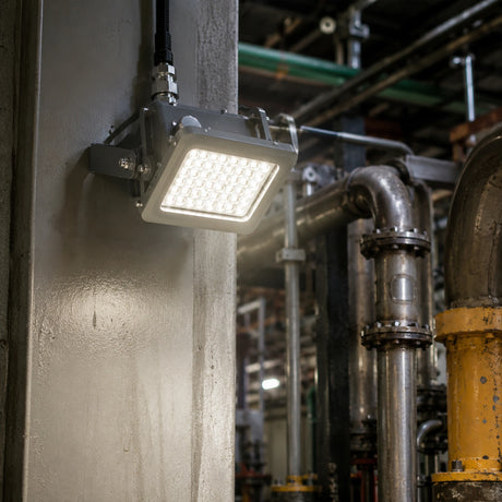 20W C1D2 explosion proof square flood light illuminating pipes in an industrial utility room.