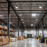 240-310W 47,430lm 4000K-5000K 120-277V dimmable UFO LED high bay lights illuminate a large warehouse.