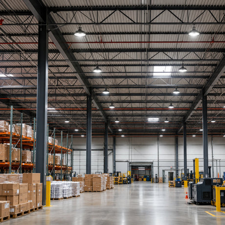 240-310W 47,430lm 4000K-5000K 120-277V dimmable UFO LED high bay lights illuminate a large warehouse.