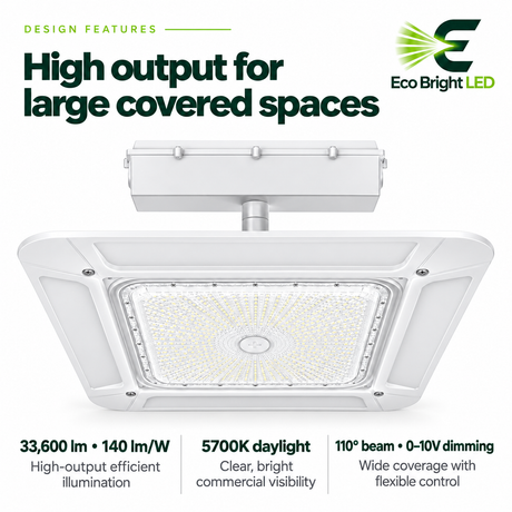 White 240W 5700K LED canopy light with 0-10V dimming for gas stations, garages, and covered spaces