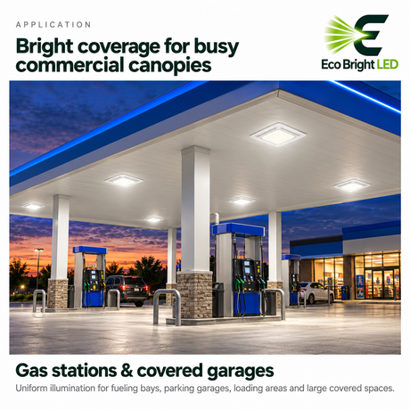 240W 5700K LED canopy lights illuminating a gas station fueling area and covered garage at dusk