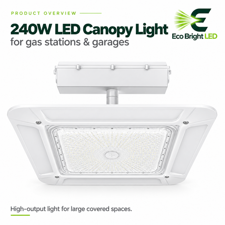 240W LED canopy light with white square housing and overhead mount for gas stations, parking garages, and covered spaces
