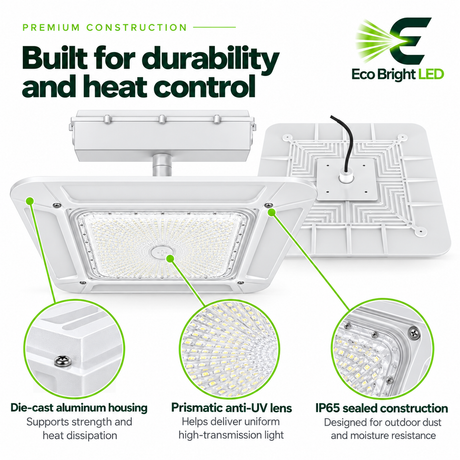 240W 5700K LED canopy light shown with die-cast aluminum housing, prismatic anti-UV lens, and IP65 sealed construction