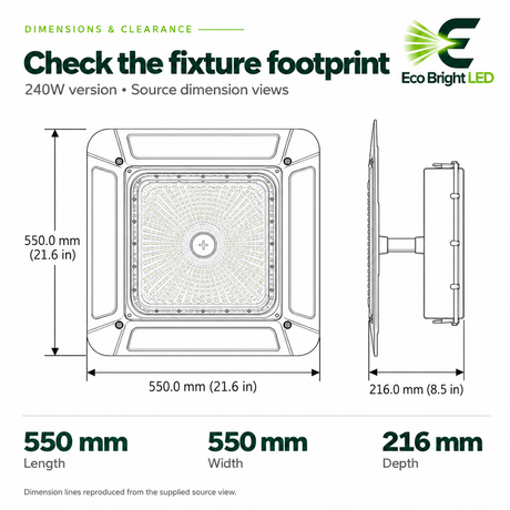 240W LED canopy light dimension diagram showing 550 mm length and width with 216 mm depth