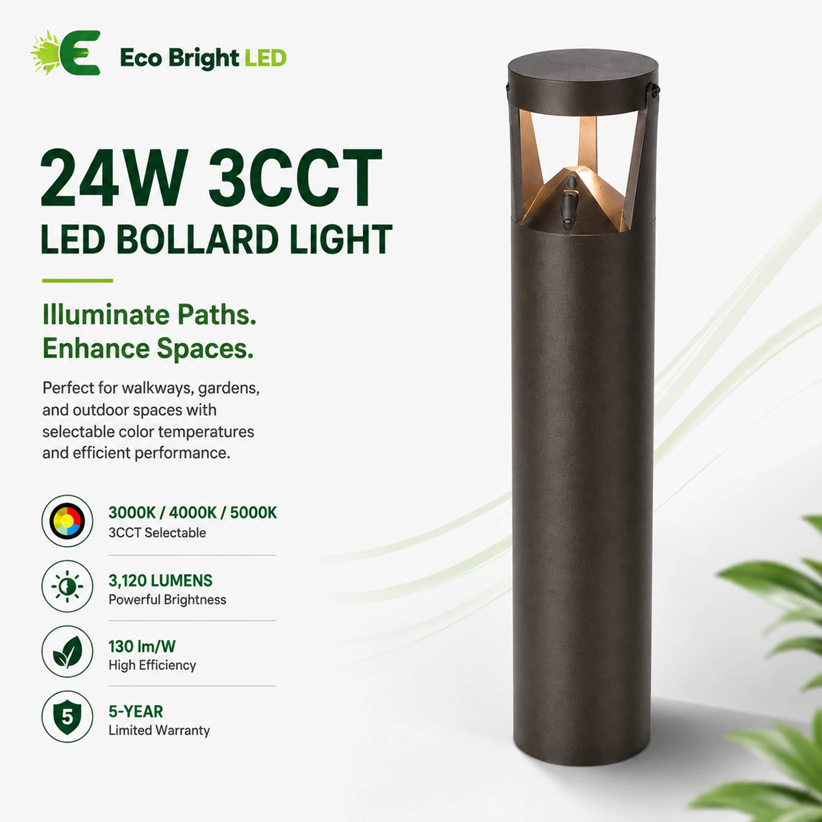 24W 3.5FT LED Bollard Light 3CCT for product overview with key specifications for commercial lighting applications.