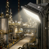 200W explosion proof LED flood light delivering 28,000 lumens of 5000K neutral-white illumination in a chemical plant.