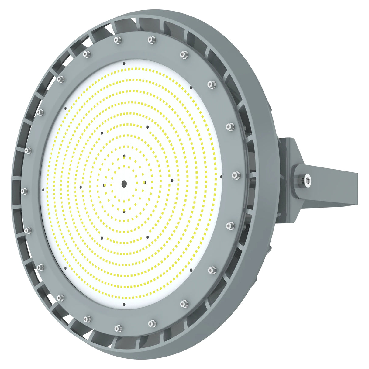 Top-down perspective of 250W C1D2 explosion proof round LED high bay, 35,000lm for oil refinery and factory safety.