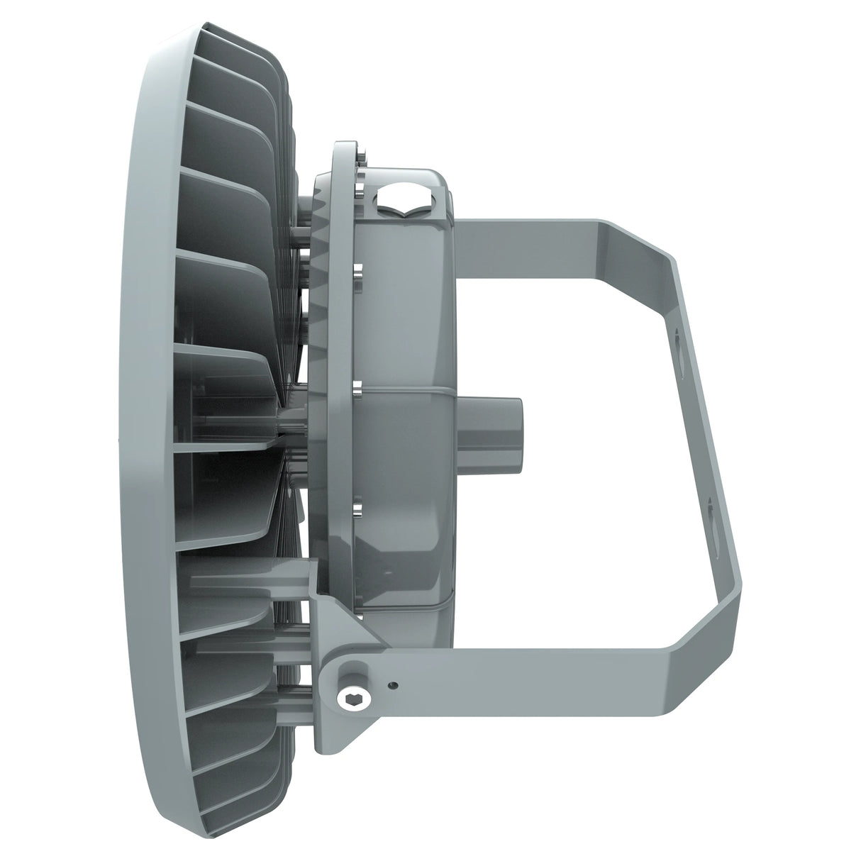 Advanced aluminum heat sink on the back of a 250W C1D2 LED high bay light for superior thermal cooling in plants.