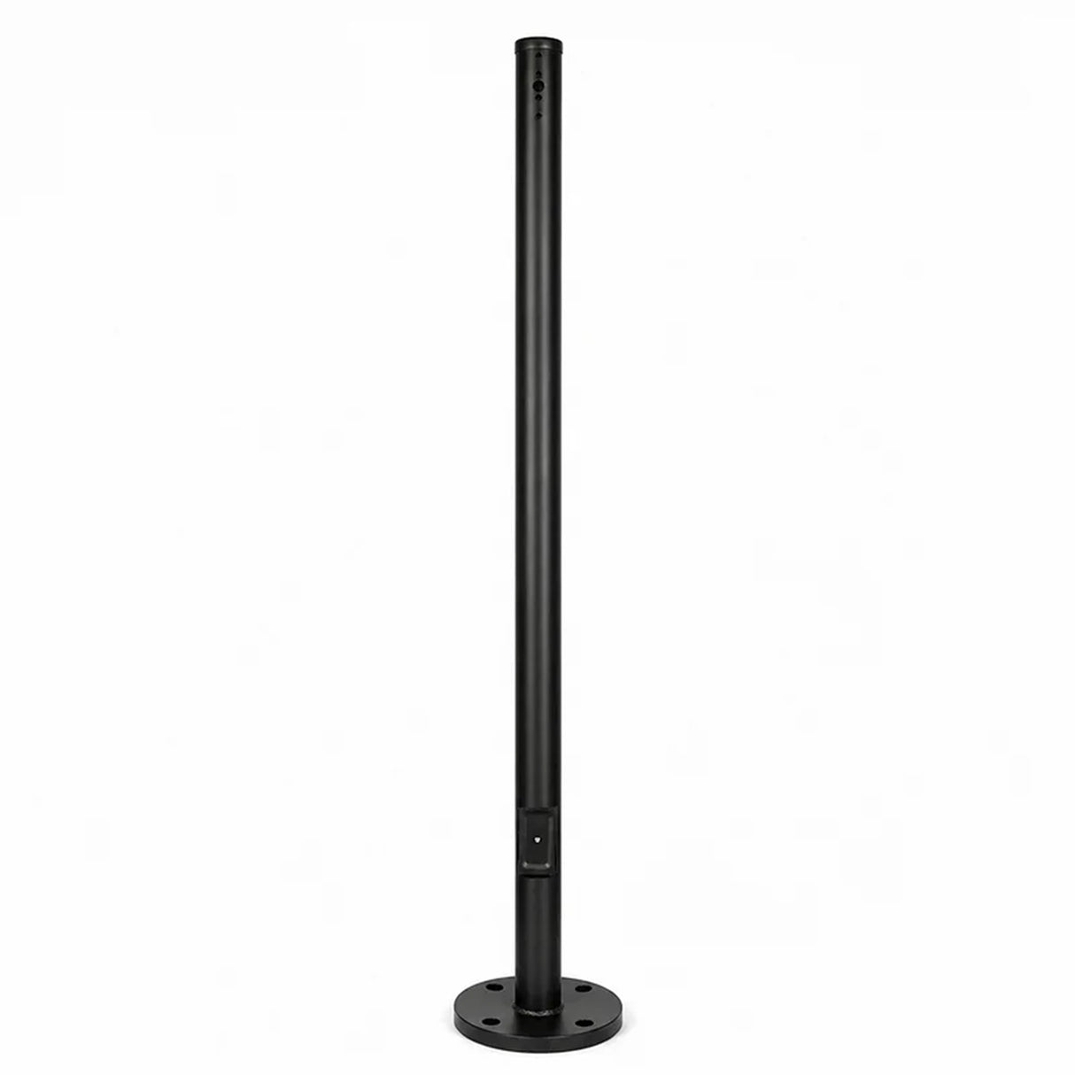 Black round steel parking lot light pole with base plate, vertical mounting holes, and tapered shaft