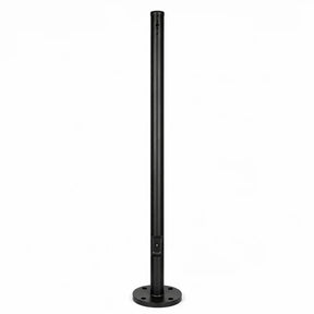 Black round steel parking lot light pole with base plate, vertical mounting holes, and tapered shaft