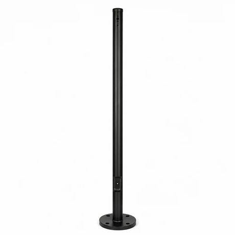 Black round steel parking lot light pole with base plate, vertical mounting holes, and tapered shaft