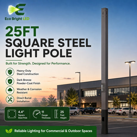 Dimensions and specifications for 25FT 4x4 Square Steel Light Pole 11, including measurements and performance data.