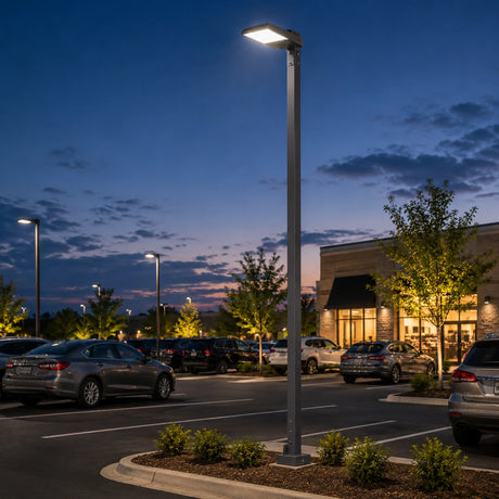 Tall 4x4 square steel light pole installed in a parking lot at dusk