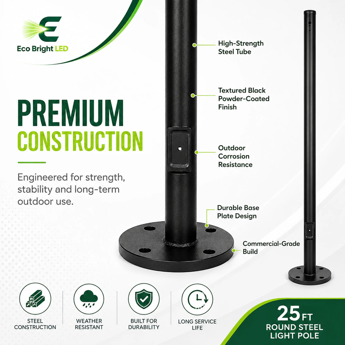 Housing, lens and construction details of 25FT Round Steel 4.5 Inch Light Pole for Parking for durable commercial use.