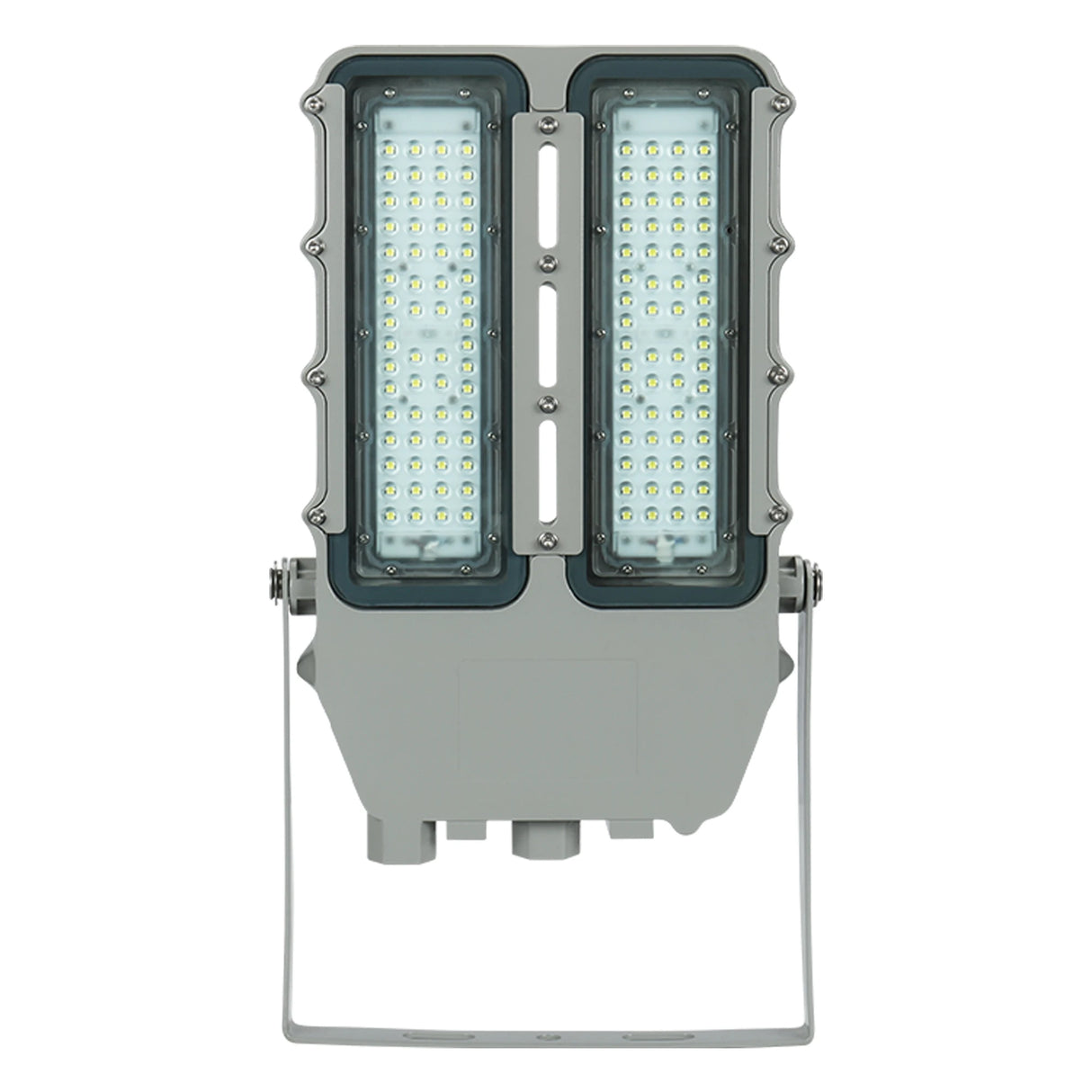 Front view of 200W C1D2 LED explosion proof floodlight, featuring a high-impact lens and 28,000lm daylight output.