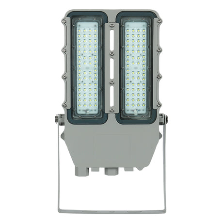 Front view of 200W C1D2 LED explosion proof floodlight, featuring a high-impact lens and 28,000lm daylight output.
