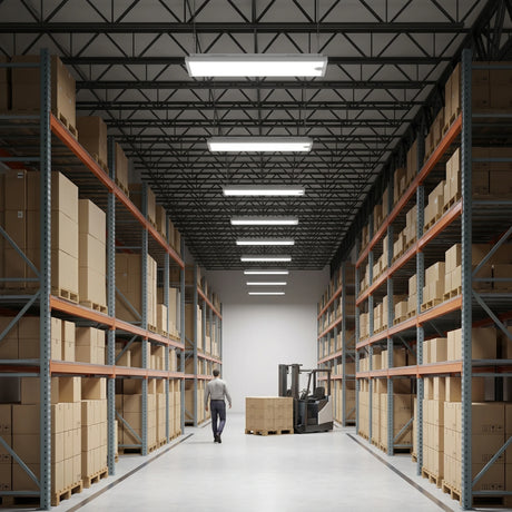 2FT LED linear high bay light illuminating a warehouse aisle, 105W selectable, 15750lm, DLC 5.1 Premium certified