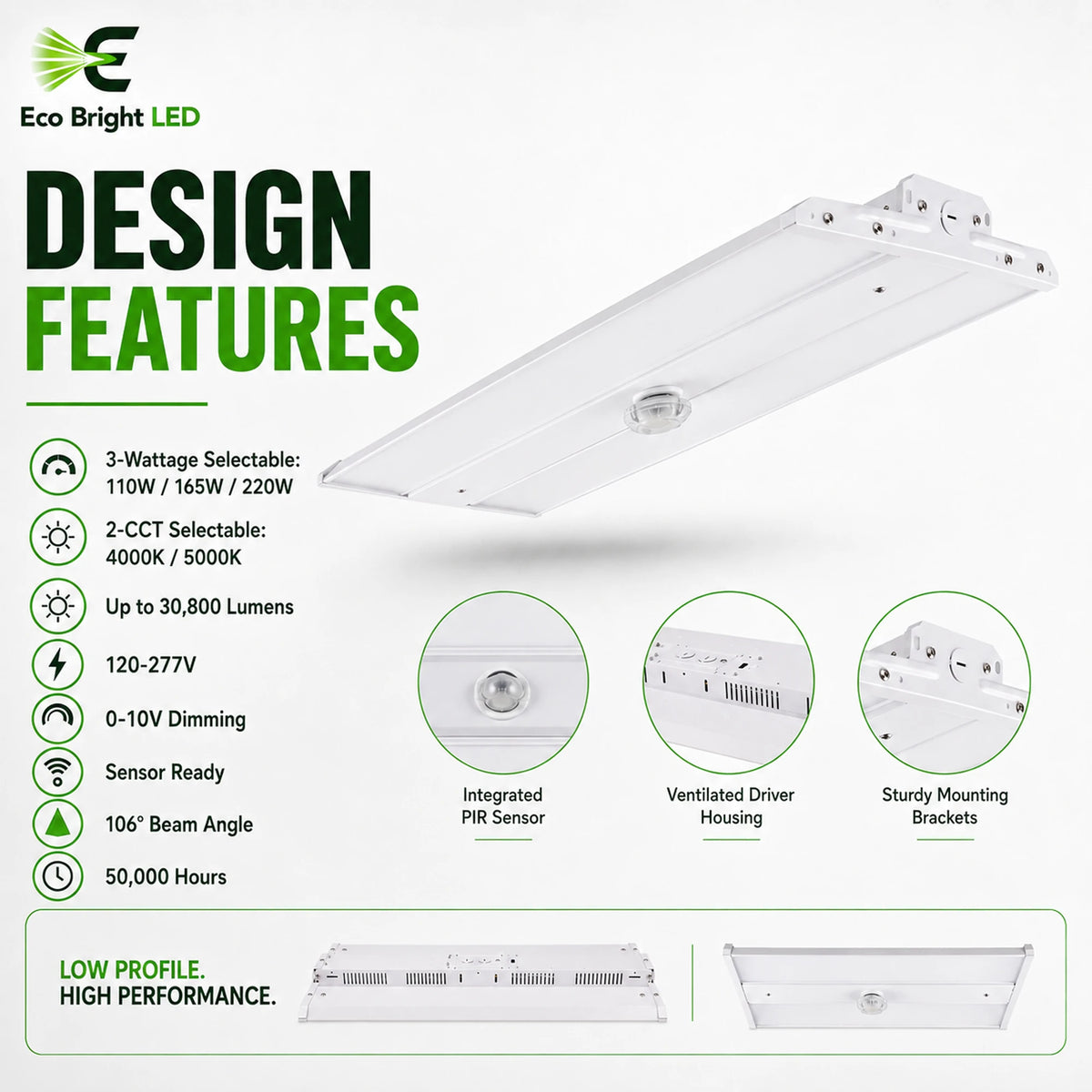 Key performance and design features of 2FT LED Linear High Bay 110W-220W for Warehouse for commercial lighting projects.