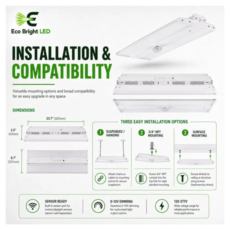 Installation and mounting details for 2FT LED Linear High Bay 110W-220W, including compatibility and wiring guidance.