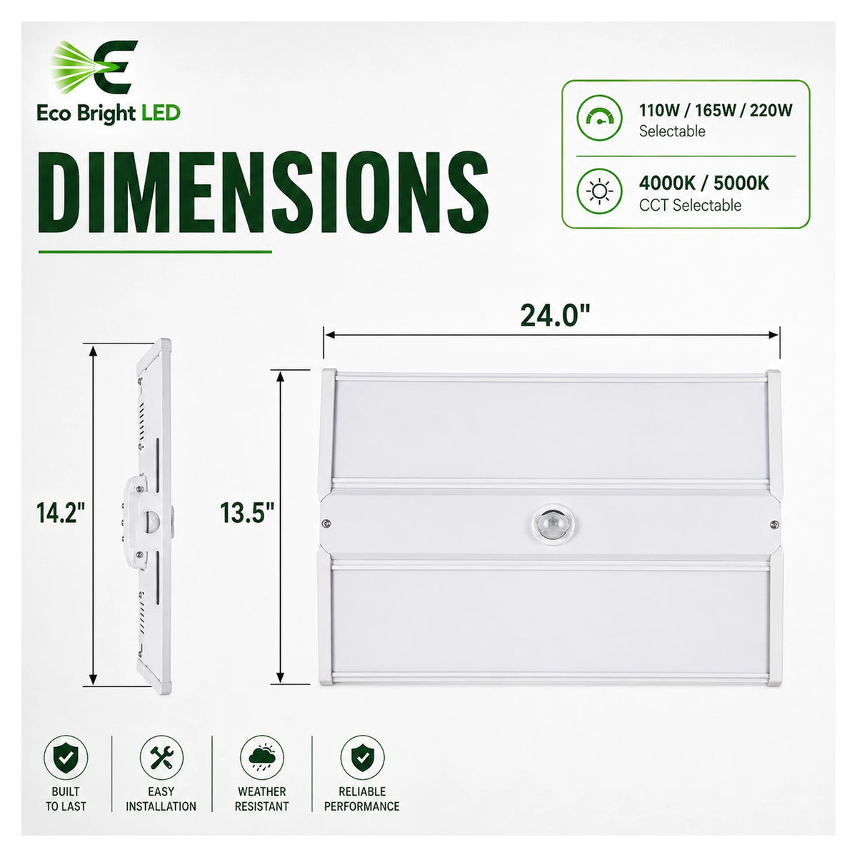 Dimensions and specifications for 2FT LED Linear High Bay 110W-220W for, including measurements and performance data.